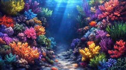Fototapeta premium Colorful Isometric View of Vibrant Underwater Coral Reef Ecosystem with Soft Lighting