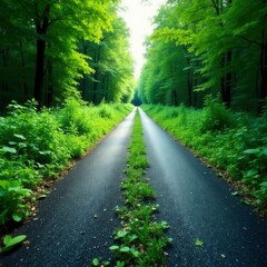 Obraz premium Overgrown vegetation in a cracked asphalt road, overgrowth, vegetation