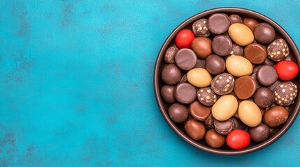 Assorted Chocolate Candies in Brown Bowl on Blue Background