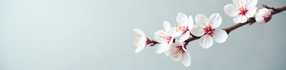 Cherry blossom branch with white flowers against a light gray background, branch, introspective, cherry blossoms
