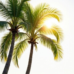 Palm trees isolated on white background with sun rays filtered through leaves, minimalist, leafy, sunlight