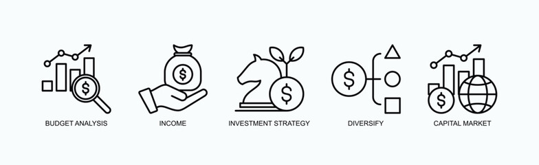 Capital Growth Icon Set Isolated Vector With Icon Of Budget Analysis, Income, Investment Strategy, Diversify, Capital Market In Outline Style