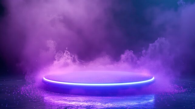 Neon-lit circular platform enveloped in purple and blue smoke, ideal for product display or futuristic backgrounds.