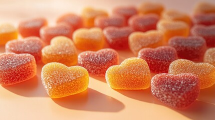 Sunlit heart-shaped candies on peach background