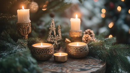 Imbolc holiday, spring equinox. Wiccan altar for the Imbolc Sabbath. Pagan celebration ritual. candle on wood.