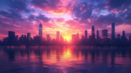 Obraz premium new york city skyline at sunset skyscrapers urban sunset vibrant orange purple architectural details reflections river