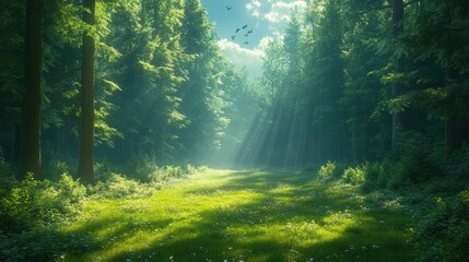 Obraz premium Enchanted Forest: Mystical Fog Blanketing Serene Woods with Dramatic Shadows in Photorealistic Scene