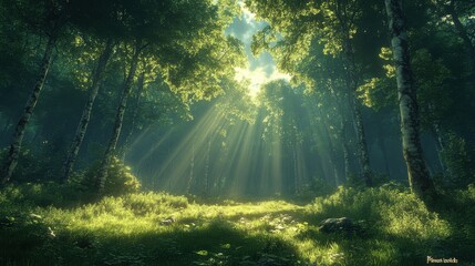Obraz premium Enchanting Mystical Forest: Photorealistic Scene with Dramatic Shadows and Serene Fog