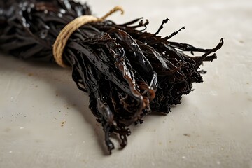 A close-up of dried arame seaweed with fine brown strands