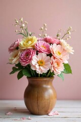 Pastel colors mixed with fresh cut flowers in a wooden cup vase, vintage wood, pastel color scheme, spring flowers