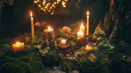 Imbolc holiday, spring equinox. Wiccan altar for the Imbolc Sabbath. Pagan celebration ritual. candle on wood.