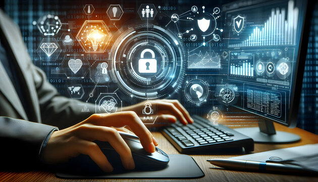 Business background A side view of a person using a computer mouse, with digital elements such as binary code, security 4