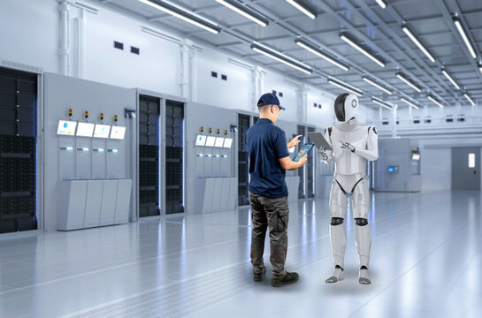 Engineer work together with assistant robot in server room