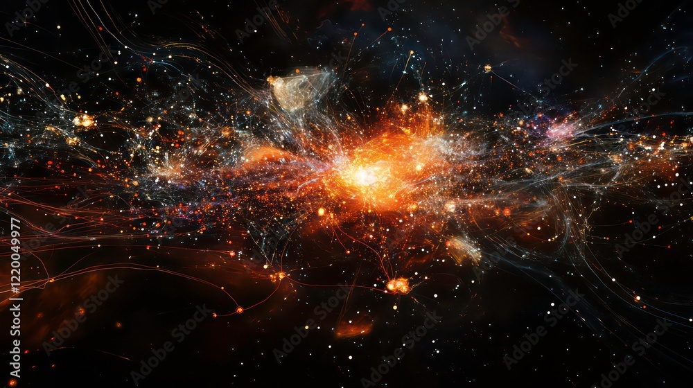 Poster abstract cosmic explosion, fiery nebula with glowing particles and energy streams.