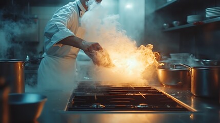 Chef cooking with flames in a restaurant kitchen action and culinary art