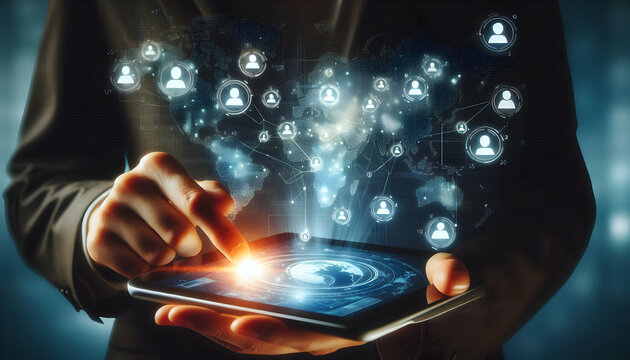 Business background A person holding a tablet in landscape mode with one hand