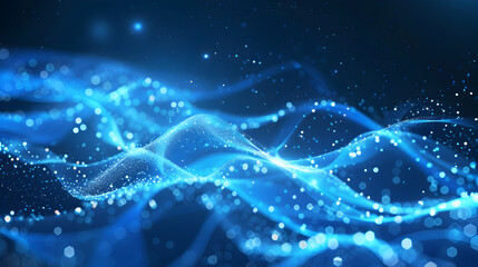 Abstract blue waves with glowing particles representing digital technology and movement.