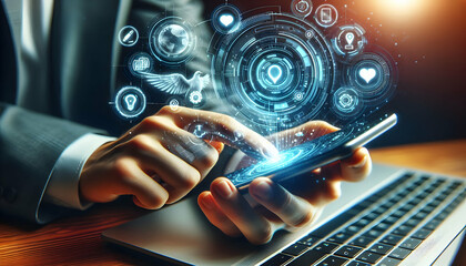 Business background A futuristic depiction of hands interacting with a smartphone, with holographic digital icons for bu4