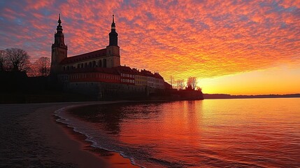 Fototapeta premium Sunrise church waterfront scenic peaceful beach