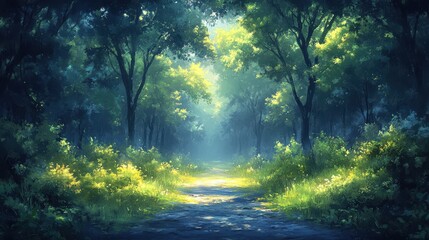 Naklejka premium Enchanted Forest: Mystical Fog Oil Painting with Ethereal Glow