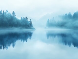 Fototapeta premium Misty lake reflections forest landscape nature photography tranquil view