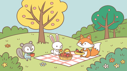 Colorful cartoon picnic scene in a bright meadow with cute animals like rabbits, foxes, and squirrels enjoying food, flowers blooming, trees swaying, and a sunny blue sky in a charming vector style