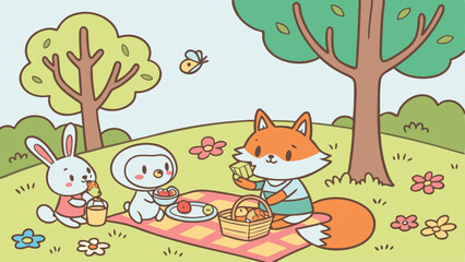 Colorful cartoon picnic scene in a bright meadow with cute animals like rabbits, foxes, and squirrels enjoying food, flowers blooming, trees swaying, and a sunny blue sky in a charming vector style