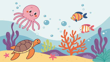Vivid underwater cartoon vector filled with adorable sea creatures like octopus, turtles, and fish, swimming through colorful coral reefs with bubbles, bright blue water, and a playful marine atmosphe