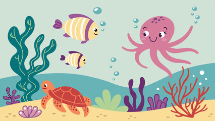 Vivid underwater cartoon vector filled with adorable sea creatures like octopus, turtles, and fish, swimming through colorful coral reefs with bubbles, bright blue water, and a playful marine atmosphe