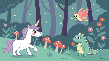 Magical cartoon forest vector art with a unicorn, fairy, baby dragon, glowing mushrooms, sparkling streams, and colorful flowers in a whimsical and enchanting fantasy setting