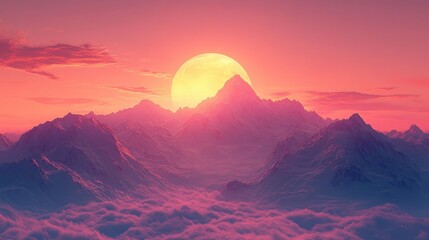 Serene Sunrise: Majestic Mountain Range Oil Painting with Minimal Noise