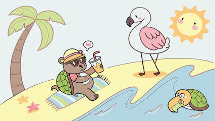 Playful beach cartoon vector featuring animals like bears surfing, turtles sunbathing, and flamingos sipping coconut juice with palm trees, sandy shorelines, and a bright sunny atmosphere