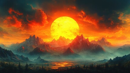 Serene Sunrise: Majestic Mountain Range Oil Painting with Minimal Noise