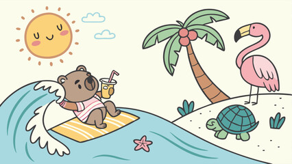 Playful beach cartoon vector featuring animals like bears surfing, turtles sunbathing, and flamingos sipping coconut juice with palm trees, sandy shorelines, and a bright sunny atmosphere