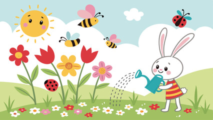 Cheerful spring garden vector art with smiling bees, butterflies, and ladybugs flying around flowers, a bunny watering plants, and a bright sunny sky, full of vibrant and playful colors