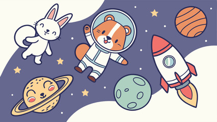 Playful outer space cartoon vector featuring cute animal astronauts like a bunny, bear, and fox, surrounded by smiling planets, stars, a rocket ship, and a vibrant galactic background