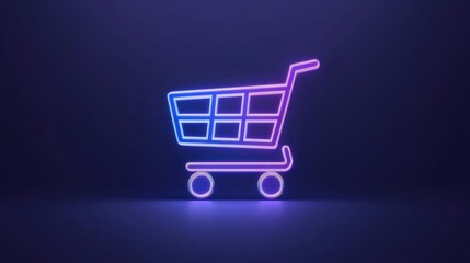 Neon shopping cart icon on a dark background