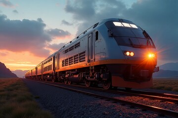 Obraz premium A sleek train travels along tracks at sunset, illuminated by warm light, surrounded by a scenic landscape and dramatic clouds.