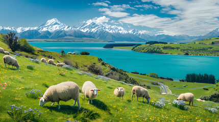 Fototapeta premium Road less traveled: A Serene Vista of New Zealand's Landscapes featuring Green Pastures, Azure Waters, and Snow-Capped Peaks