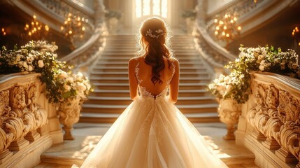 Bride Standing on Ornate Staircase in Romantic Wedding Venue