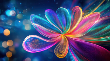 vibrant, futuristic flower design with swirling colors and light effects creates mesmerizing visual experience. dynamic patterns evoke sense of wonder and creativity