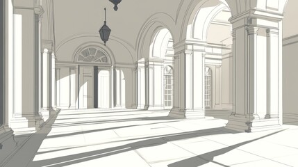 A minimalist architectural interior featuring columns, arches, and soft shadows.
