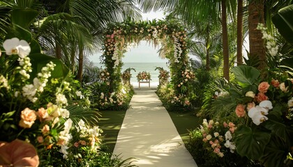 dreamy wedding setup featuring a serene floral pathway, lush greenery, and elegant palm trees, creating a beautiful backdrop for a memorable ceremony