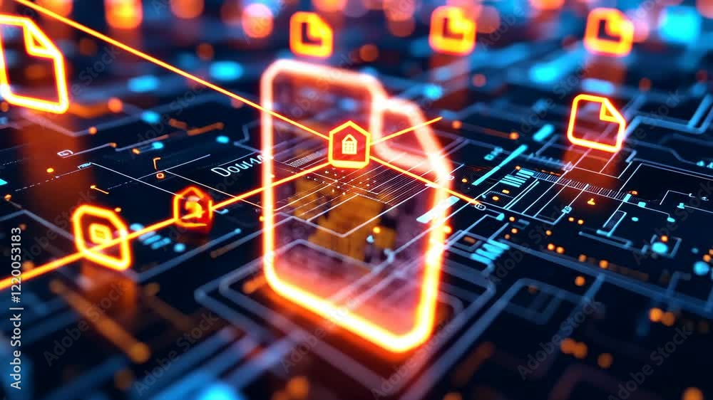 Poster futuristic digital network with glowing data encryption and secure connections