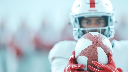 Football player in helmet, gripping a rugby ball, poised in a dynamic stance, showcasing athleticism and determination, set against an unobstructed background.