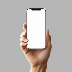 hand holding a frameless mobile phone with a white blank screen mockup, isolated for tech product mockups