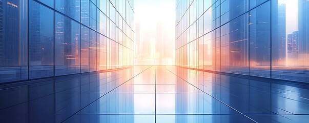 Sunrise reflection on modern glass buildings urban cityscape serenity
