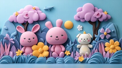 Obraz premium Cute pastel purple kawaii background with a frame made of cute air plasticine cartoon animals, a playful and charming design.