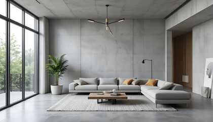  modern, empty living room interior with gray concrete walls 