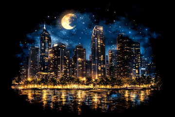 Fototapeta premium A city skyline with a large moon in the sky. The city is lit up at night, creating a serene and peaceful atmosphere
